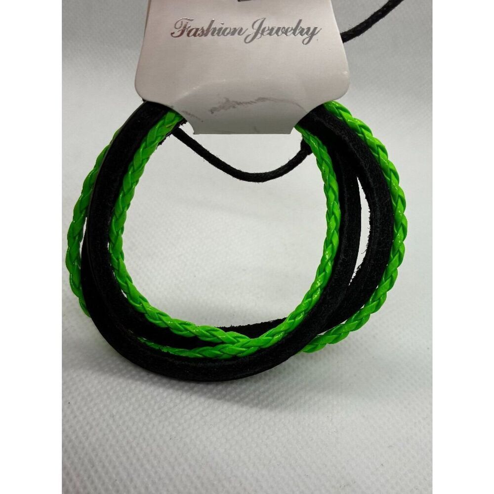 3For$20 Black & Neon Green Braided 4 Stran Adjustable Trendy Bracelet